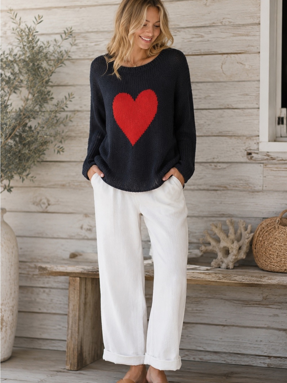 Wooden Ships Navy Mohair Wool-blend Acrylic Sweater with Red Heart